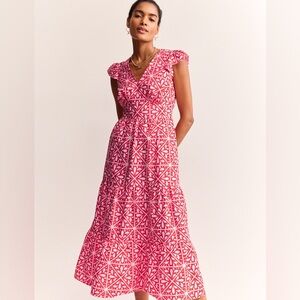 Boden May Cotton Midi Tea Dress Print 14 Red Pink